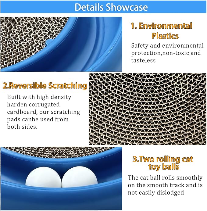Interactive Cat Ball Track Toy for Indoor Cats, Cat Scratching Board &amp; Exercise Set for Bored Indoor Adult and Kitten Mental &amp; Physical Stimulation, with Spare Ball to Prevent Loss (Blue)