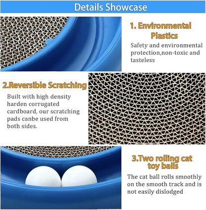 Interactive Cat Ball Track Toy for Indoor Cats, Cat Scratching Board &amp; Exercise Set for Bored Indoor Adult and Kitten Mental &amp; Physical Stimulation, with Spare Ball to Prevent Loss (Blue)