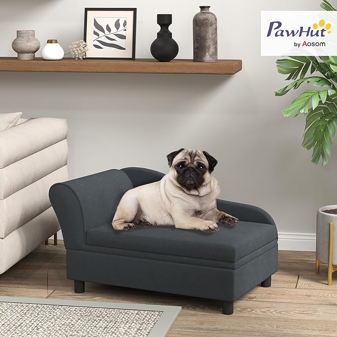 PawHut Luxury Fancy Dog Couch with Hidden Storage, Small Dog Sofa Bed with 2" Soft Foam, Modern Pet Furniture for Puppies &amp; Little Breeds, Dark Gray