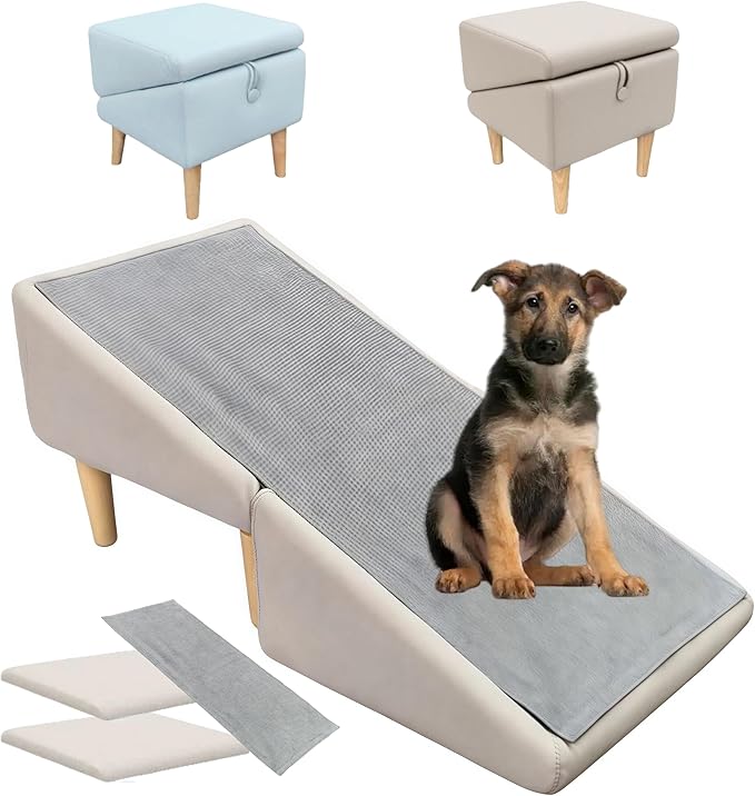 Split Ottoman Dog Ramp, Folding Pet Ramps Stairs for Couch, Pet Ramps Stairs for Small and Large Dogs, Holds up to 220 lbs (Beige - 2 Pads &amp; 2 Covers, One Size)