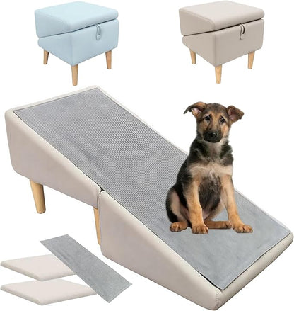 Split Ottoman Dog Ramp, Folding Pet Ramps Stairs for Couch, Pet Ramps Stairs for Small and Large Dogs, Holds up to 220 lbs (Beige - 2 Pads &amp; 2 Covers, One Size)