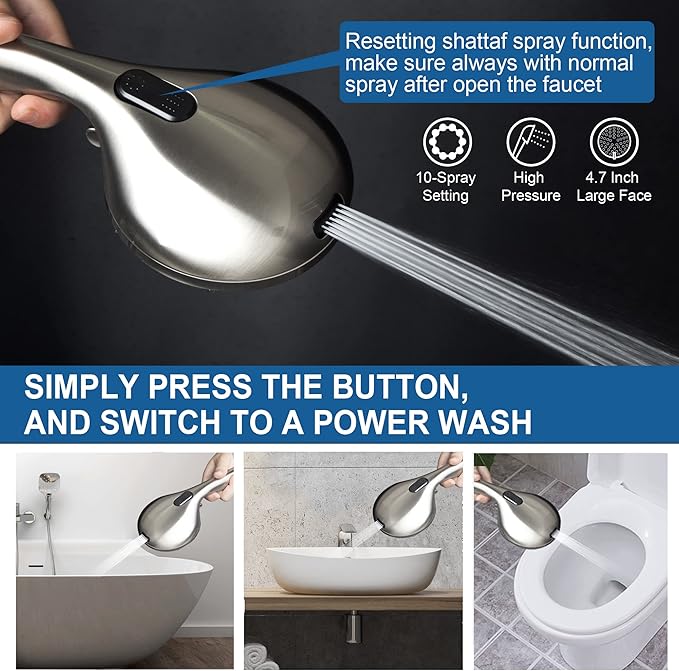 High Pressure Handheld/Rain 82-mode 3-way Shower Head Combo with 25.75" Adjustable Drill-free Stainless Steel Slide Bar, Pet &amp; Tub Power Wash and Anti-clog Nozzles, with 5ft Hose - Brush Nickel