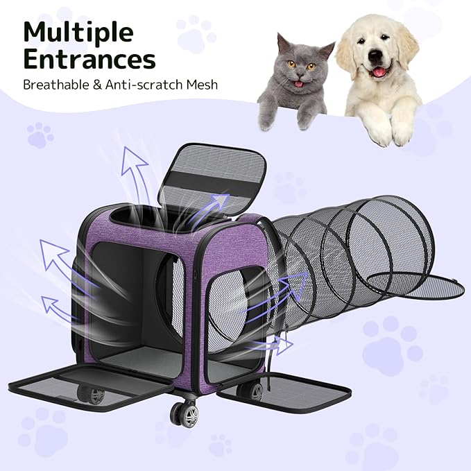 Rolling Cat Carrier with Wheels Dog Carrier for Small Dogs &amp; Medium Cats, Expandable Pet Carrier on Wheels with Cat Play Tunnel, Large Capacity, Breathable Mesh, Side Pocket, Purple