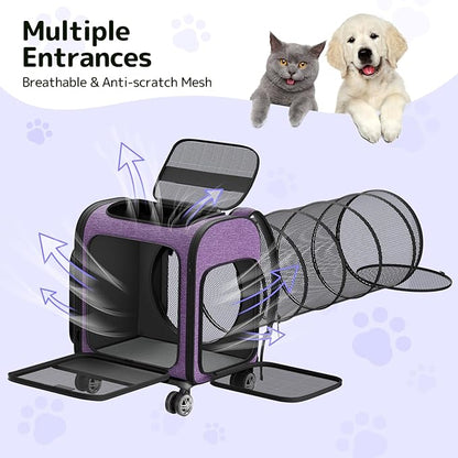 Rolling Cat Carrier with Wheels Dog Carrier for Small Dogs &amp; Medium Cats, Expandable Pet Carrier on Wheels with Cat Play Tunnel, Large Capacity, Breathable Mesh, Side Pocket, Purple