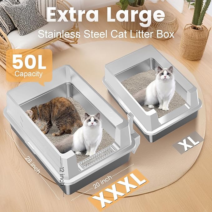 XXXL Stainless Steel Litter Box,Extra Large 28" L x 20" W Metal Litter Box for Big Cats &amp; Multiple Cats with High Sided, Anti-Urine Leakage, Non-Sticky, Easy Cleaning, Include Scoop(White