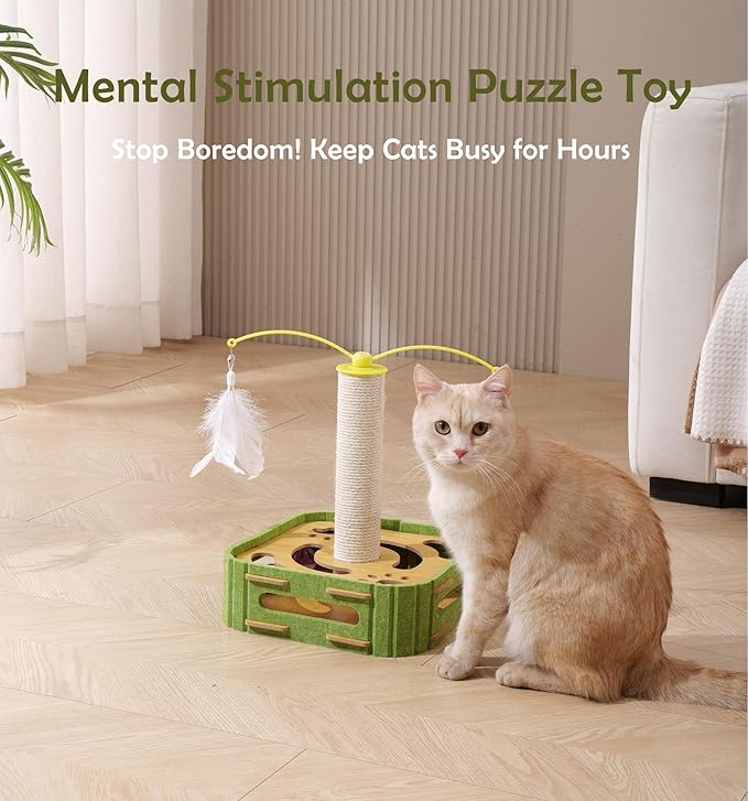 Interactive Cat Puzzle Toy - Scratching Post with Spinning Balls &amp; Feathers for Indoor Cats, Satisfies Hunting Instinct, Self-Play Mental Stimulation Game with Rolling Track