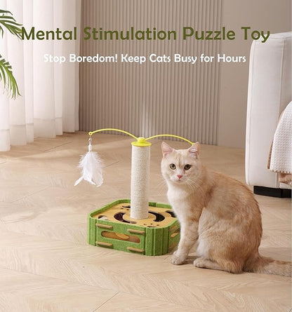 Interactive Cat Puzzle Toy - Scratching Post with Spinning Balls &amp; Feathers for Indoor Cats, Satisfies Hunting Instinct, Self-Play Mental Stimulation Game with Rolling Track