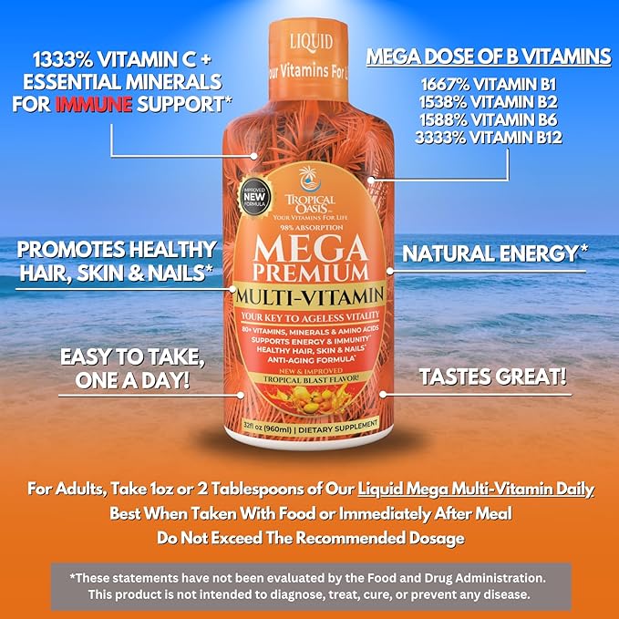 Mega Premium Liquid Multivitamin | Natural Immune Support Vitamin w/ 1333% Vitamin C, 200% D3, Zinc + 20 Vitamins, 70 Minerals, &amp; 21 Amino Acids | Sugar Free | Orange Flavor | 98% Absorption | 32 Serv