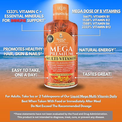 Mega Premium Liquid Multivitamin | Natural Immune Support Vitamin w/ 1333% Vitamin C, 200% D3, Zinc + 20 Vitamins, 70 Minerals, &amp; 21 Amino Acids | Sugar Free | Orange Flavor | 98% Absorption | 32 Serv