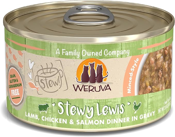Weruva Classic Cat Stews!, Stewy Lewis with Lamb, Chicken &amp; Salmon in Gravy, 2.8oz Can (Pack of 12)