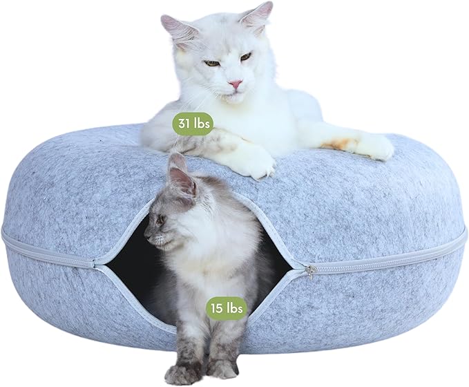CATTASAURUS Peekaboo Cat Cave for Multiple &amp; Large Cats Up to 30-45 Lbs, Scratch Detachable &amp; Washable Tunnel Bed, Comfy Donut Cat Cave (Light Gray, Jumbo)