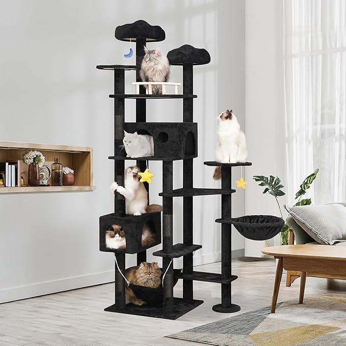 85inch Giant Cat Tree for Heavy Duty Big Cats, Multi-Level Luxury Cat Tower with Scratching Post, Cat Condo with Hammocks &amp; Plush Perches for Indoor Cats Large Adult, Black
