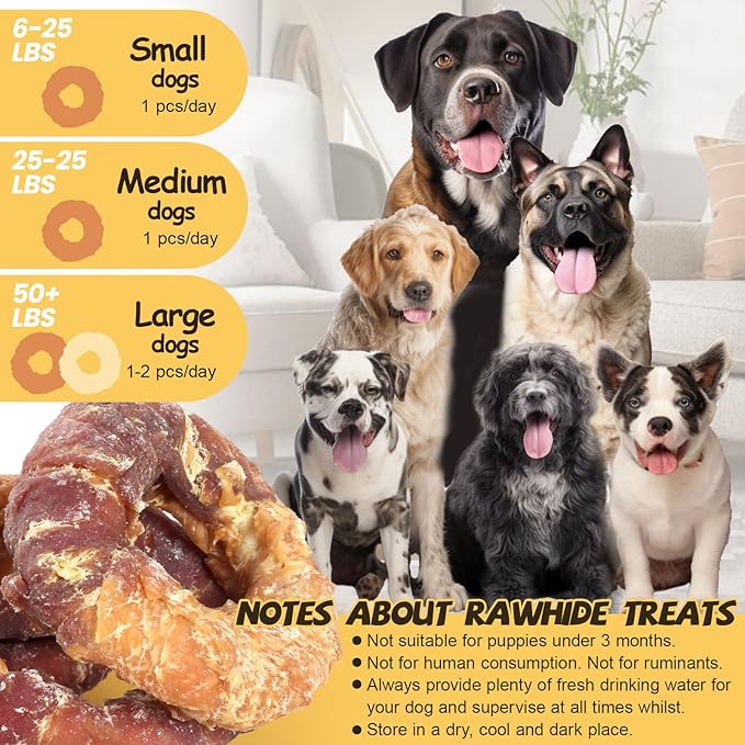 ASMPET Dog Treats Chews, Chicken &amp; Duck Wrapped Rawhide Donuts Dental Care Chews for Small Medium Large Breed Aggressive Chewers (Pack of 4)