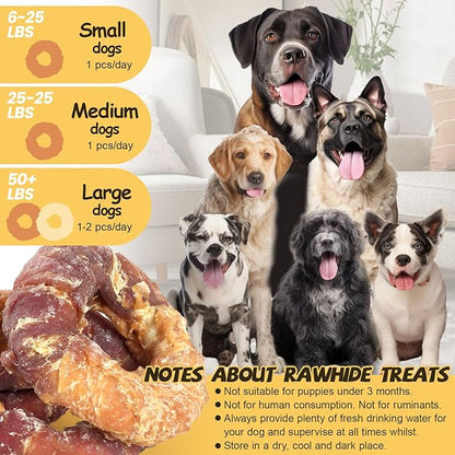 ASMPET Dog Treats Chews, Chicken &amp; Duck Wrapped Rawhide Donuts Dental Care Chews for Small Medium Large Breed Aggressive Chewers (Pack of 4)