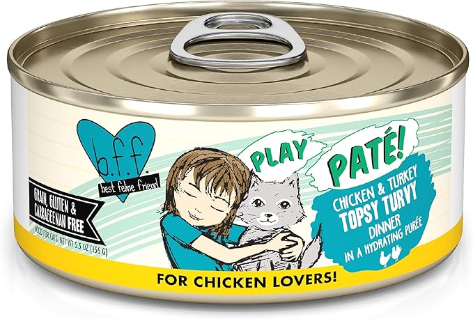 Weruva B.F.F. Play - Best Feline Friend Paté Lovers, Aw Yeah!, Chicken &amp; Turkey Topsy Turvy with Chicken &amp; Turkey, 5.5oz Can (Pack of 8)