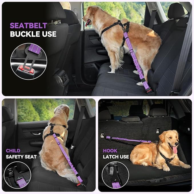 Pawaboo 2Pack Dog Seatbelt for Car, Dog Car Seat Belt Bungee, Shockproof Dog Tether for Car with Buckle &amp; Hook Latch, Adjustable Reflective Dog Car Harness Leash with 360° Lockable Buckle, Purple