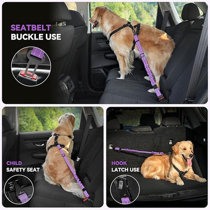 Pawaboo 2Pack Dog Seatbelt for Car, Dog Car Seat Belt Bungee, Shockproof Dog Tether for Car with Buckle &amp; Hook Latch, Adjustable Reflective Dog Car Harness Leash with 360° Lockable Buckle, Purple