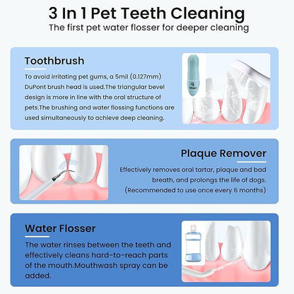 Dog Tooth Brushing Kit,3-in-1 Dog Teeth Cleaning Tools,Ultrasonic Electric Toothbrush &amp; Plaque Remover for Dogs with Water Flosser for Teeth,2 Modes &amp; 3 Intensity Levels,IPX7,1100mAh Battery