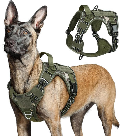 rabbitgoo Tactical Dog Harness for Large Dogs, No Pull Military Service Vest with Handle &amp; Molle, Easy Control for Training Walking, Adjustable Reflective Straps, Green camo, L
