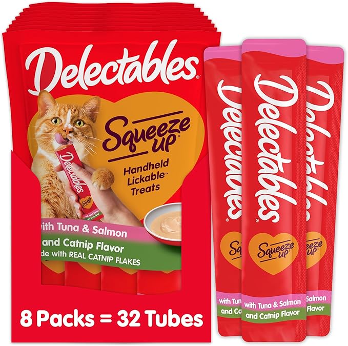 Delectables Squeeze Up Creamy Squeezable Puree, Lickable Wet Cat Treats, Grain Free, No Added Fillers, No By-Products, No Added Preservatives, 0.5 Ounces Tube Tuna &amp; Salmon with Catnip, 32 Tubes Total