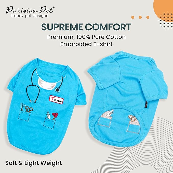 Parisian Pet Doctor Woof Dog Shirt - Embroidered Pirate Costume - 100% Cotton &amp; Polyester - Blue Funny Dog Shirts - Pet Costume - 2XL