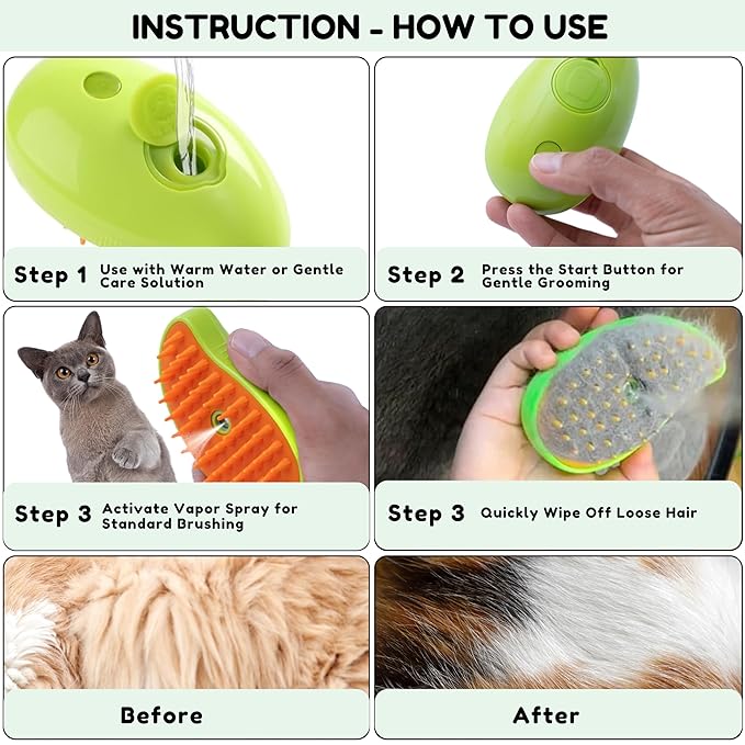 Cat Steam Brush for Shedding, Steamy Grooming Comb with Anti-Static Spray for Cats &amp; Dogs, Gentle Defur Comb for Tangled &amp; Loose Hair, Ergonomic Pet Mist Brush Design, Cepillo de Vapor para Gato Perro