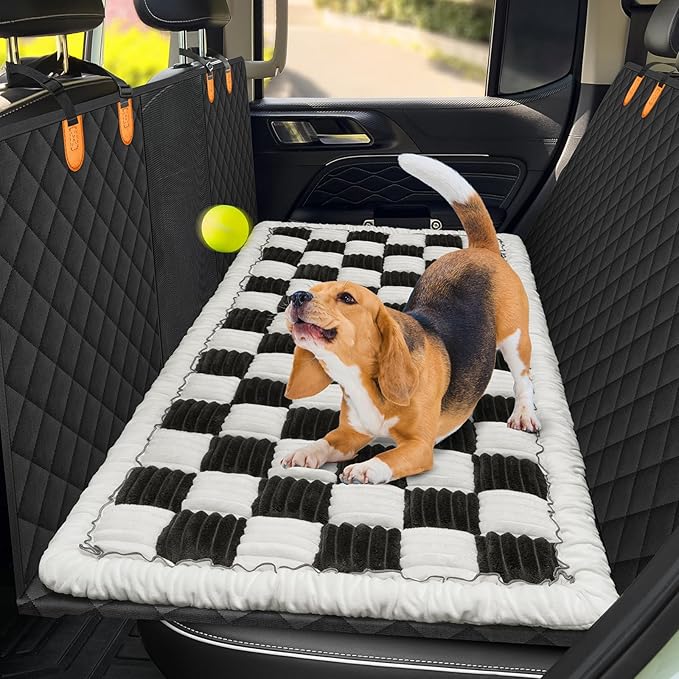 Backseat Pet Bed Mat, Non-Slip Plaid Dog Bed for Car Back Seat, Flannel Backseat Dog Bed, Fit for Backseat Extenders and Trucks SUVs (Black&amp;White, 24.8x54 inch)