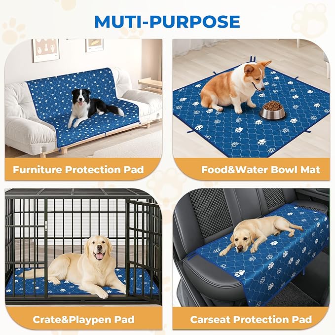 Fostanfly Washable Pee Pads for Dogs, 2 Pack Large 36"x48" Ultra-Absorbent and Leak-Proof Non-Slip Reusable Potty Training Pads for Dogs, Puppy &amp; Cats of Add 8 Lanyards-Blue