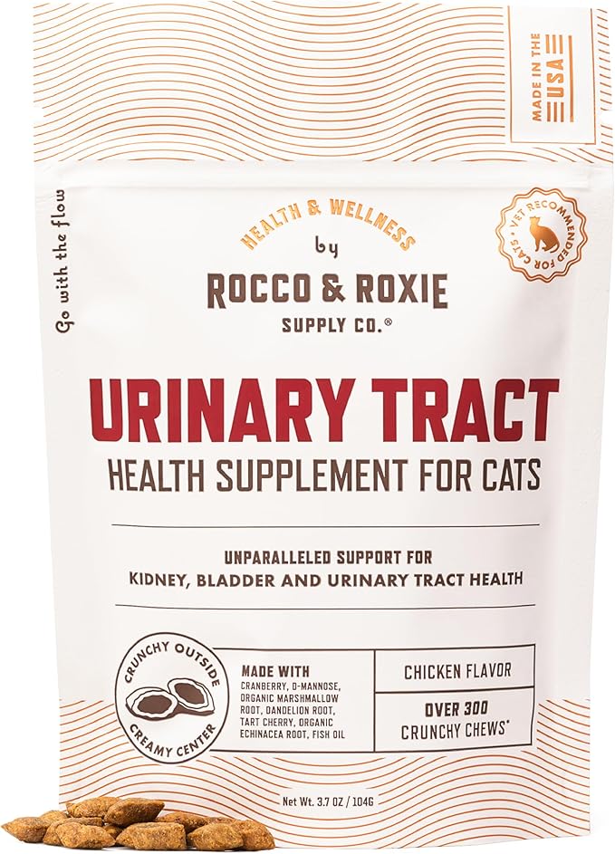 Rocco &amp; Roxie Cat Urinary Tract Health Supplement, Cranberry and D-Mannose for Kidney, Bladder, and UT Support, Vet Recommended Chicken Flavored Crunchy Chews Cats Love, Made in USA