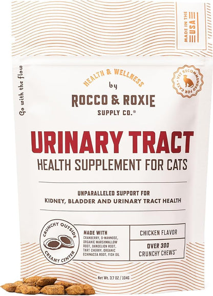 Rocco &amp; Roxie Cat Urinary Tract Health Supplement, Cranberry and D-Mannose for Kidney, Bladder, and UT Support, Vet Recommended Chicken Flavored Crunchy Chews Cats Love, Made in USA