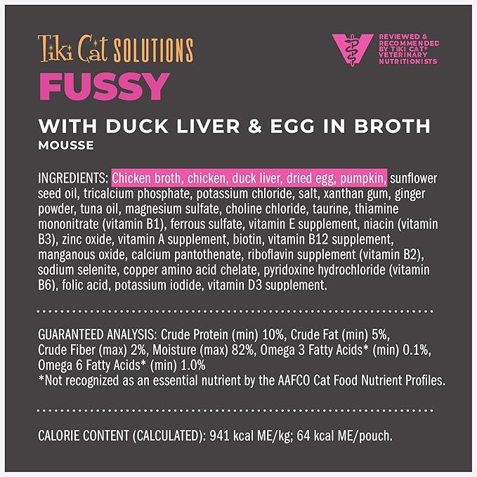 Tiki Cat Solutions Fussy Mousse, Duck Liver &amp; Egg, Specially Formulated to Support Healthy Digestion, Functional Wet Cat for Adult Cats, 2.4 oz. Pouch (12 Count)