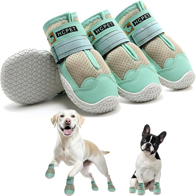 Hcpet Dog Shoes for Large Dogs, Breathable Dog Booties for Small Medium Dogs, Anti-Slip Dog Boots &amp; Paw Protectors for Hot Pavement Winter Snow Hiking with Reflective Straps Green Size 4