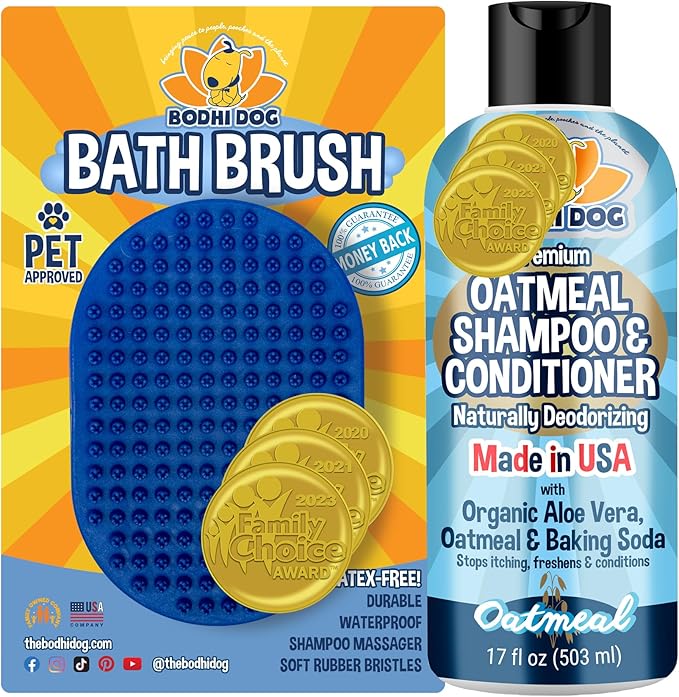 Bodhi Dog Grooming Bundle - Oatmeal Shampoo &amp; Conditioner with Bath Brush - Pet Shower Supplies for Dogs and Cats - Gentle Care for Long, Short &amp; Curly Hair, Safe and Effective, Made in USA