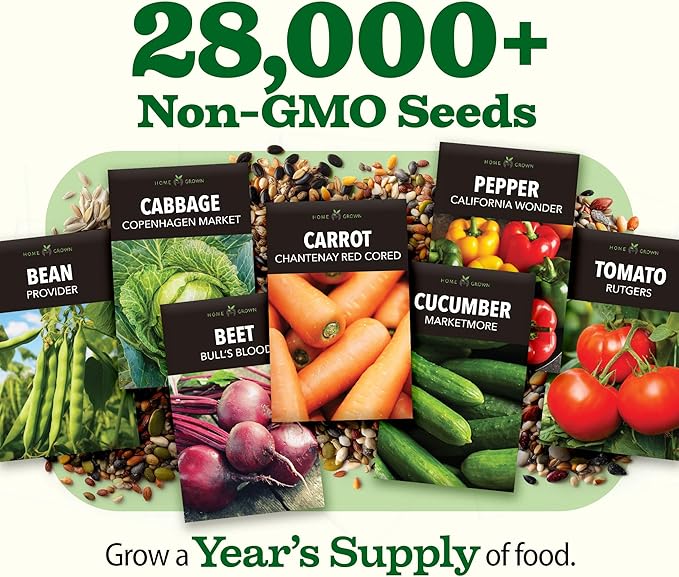 HOME GROWN 𝗨𝗦𝗔 𝗣𝗥𝗘𝗠𝗜𝗨𝗠 55 Vegetable Seeds Pack 28,000+ Non-GMO Heirloom Seeds for Planting, Spring Fall Winter Garden Kit, Survival Seed Vault for Preppers &amp; Gardeners, Gift for Men &amp; Women