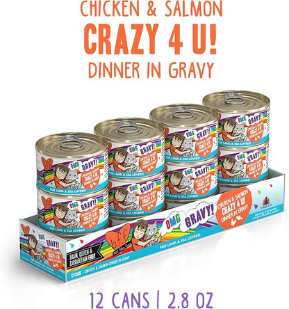 Weruva B.F.F. OMG - Best Feline Friend Oh My Gravy! Grain-Free Wet Cat Food Cans, Crazy 4 U! Chicken &amp; Salmon, 2.8oz Can (Pack of 12)