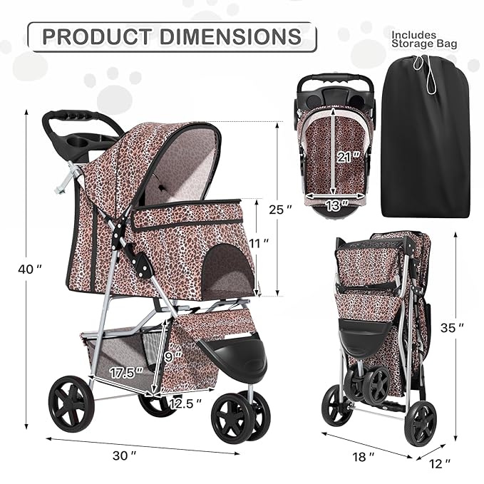 MoNiBloom 3 Wheels Pet Dog Cat Stroller for Small Medium Dogs Cats, Lightweight Foldable Jogger Stroller w/Storage Basket &amp; Cup Holder, Leopard Print