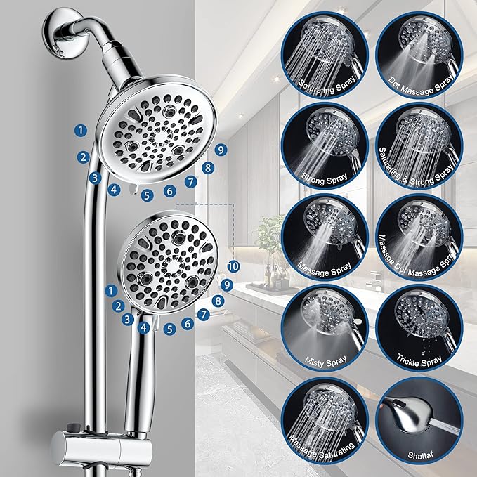High Pressure Handheld/Rain 82-mode 3-way Shower Head Combo with 25.75" Adjustable Drill-free Stainless Steel Slide Bar, Pet &amp; Tub Power Wash and Anti-clog Nozzles, with 5ft Hose - Polished Chrome