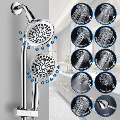 High Pressure Handheld/Rain 82-mode 3-way Shower Head Combo with 25.75" Adjustable Drill-free Stainless Steel Slide Bar, Pet &amp; Tub Power Wash and Anti-clog Nozzles, with 5ft Hose - Polished Chrome