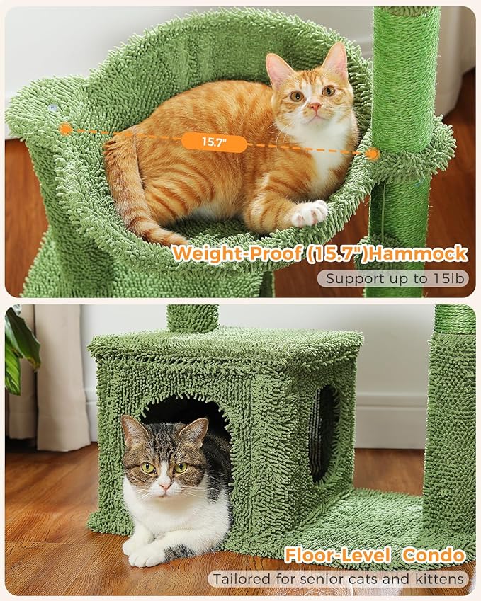 Cactus Cat Tree 40" Cat Tower with Large Metal Carpet Hammock, Cat Scratching Post for Indoor Cats with Condo &amp; Replaceable Toy Ball, Green
