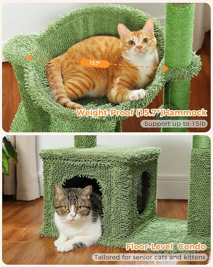 Cactus Cat Tree 40" Cat Tower with Large Metal Carpet Hammock, Cat Scratching Post for Indoor Cats with Condo &amp; Replaceable Toy Ball, Green