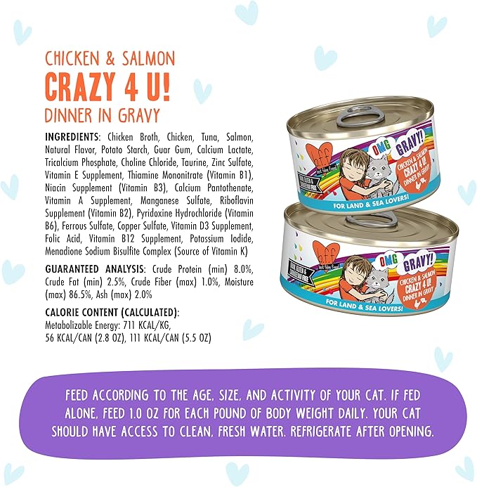 Weruva B.F.F. OMG - Best Feline Friend Oh My Gravy! Grain-Free Wet Cat Food Cans, Crazy 4 U! Chicken &amp; Salmon, 2.8oz Can (Pack of 12)