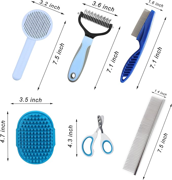 Cat Grooming Brush Kit 6 Tools - Deshedding &amp; Dematting for Long/Short Hair, Self-Cleaning Slicker Brush with 6-in-1 Flea Comb for Cats &amp; Kittens (Blue)
