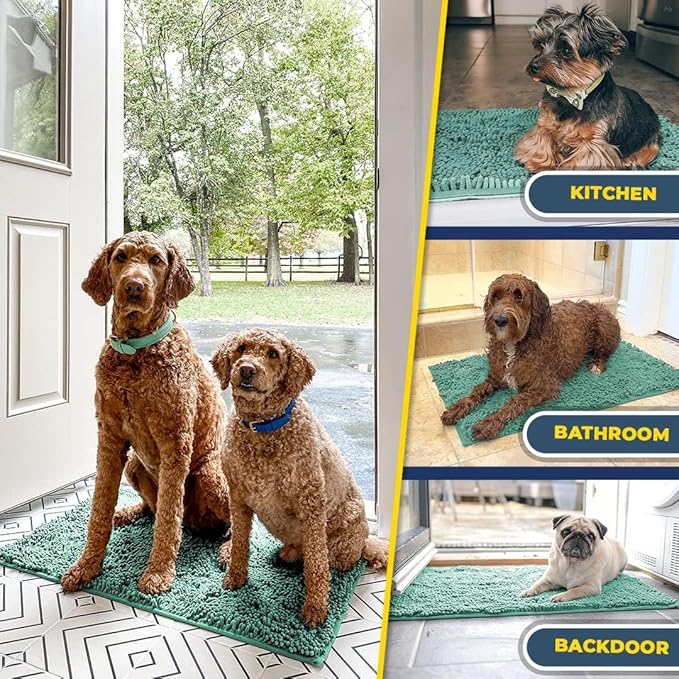 Muddy Mat® Pack of 3 Highly Absorbent Microfiber Dog Door Mat and Pet Rug, Non Slip Thick Washable Area Mat Soft Chenille for Kitchen Bathroom Bedroom and Outdoor - Sea Green Small, Medium &amp; Large