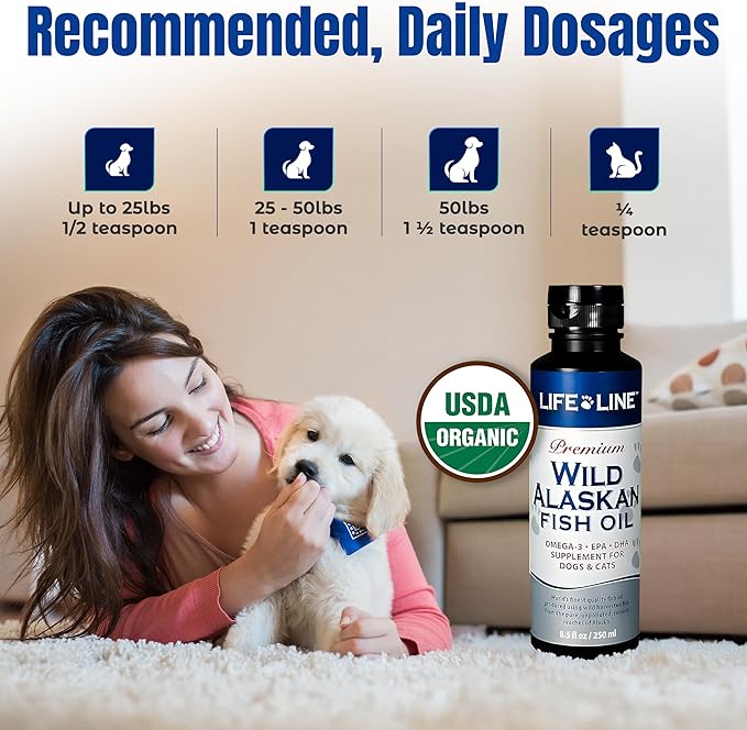 Life Line Pet Nutrition Wild Alaskan Fish Oil Omega-3 Supplement for Skin &amp; Coat – Supports Brain, Eye &amp; Heart Health in Dogs &amp; Cats, 8.5oz