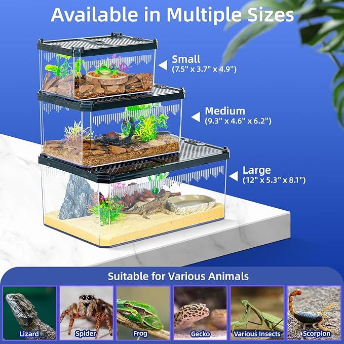 High-Transparency Reptile &amp; Insect Enclosure Terrarium with Magnetic Door, Excellent Ventilation, Easy Cleaning, and Strong, Long-Lasting Build for Gecko, Tarantula, Hermit Crab (9.3x6.2x4.6 Inch)