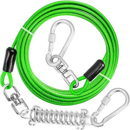 Jenico Dog Tie Out Cable, 10-150FT Runner Cable with Swivel Hook and Shock Spring, Yard &amp; Camping Dog Leash Tether for Small to Medium Pets Up to 500 LBS