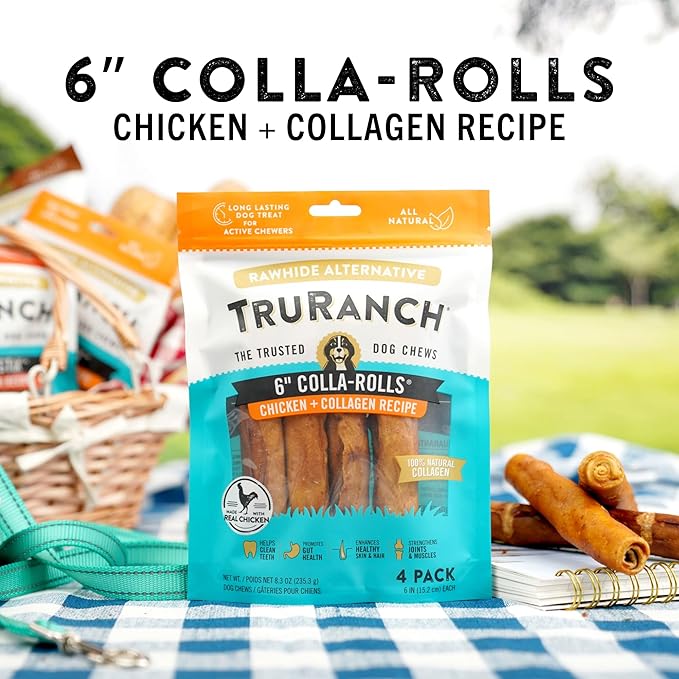 Collagen Rolls - 6" Collagen Rolls for Dogs - Long Lasting Healthy Joint Support - Rawhide Alternative - Skin &amp; Coat Health - Made with Real Chicken, Value Pack, 15 Bags, 60 Count