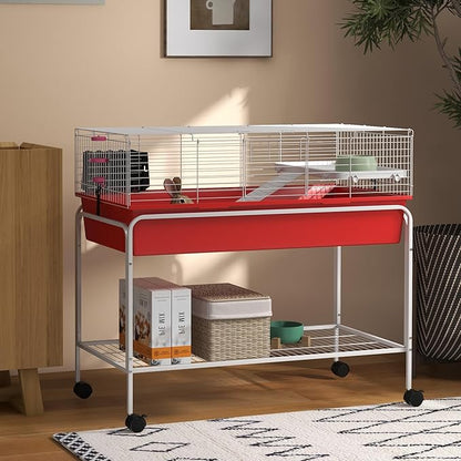 PawHut Two-Story Small Animal Cage Removable from Stand, Guinea Pig Cage with Shelf &amp; Wheels, Pet Habitat for Hedgehog, Chinchilla, Ferret, 39" x 20.5" x 36.5", Red