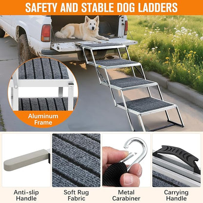 20" Extra Wide Dog Ramp, 4-Step Foldable Pet Stairs with Non-Slip Carpet - Lightweight Aluminum for SUV/Truck/Car &amp; High Beds - Supports Large Dogs up to 200Lbs