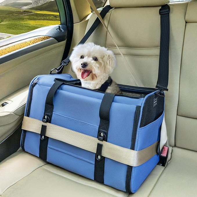 PETSFIT Soft-Sided Cat Carriers &amp; Car Seats with Patent Safe Buckles, Clip-On Harness, 19"x12"x12" Pet Travel Carrier - 20 lbs Capacity (Blue)